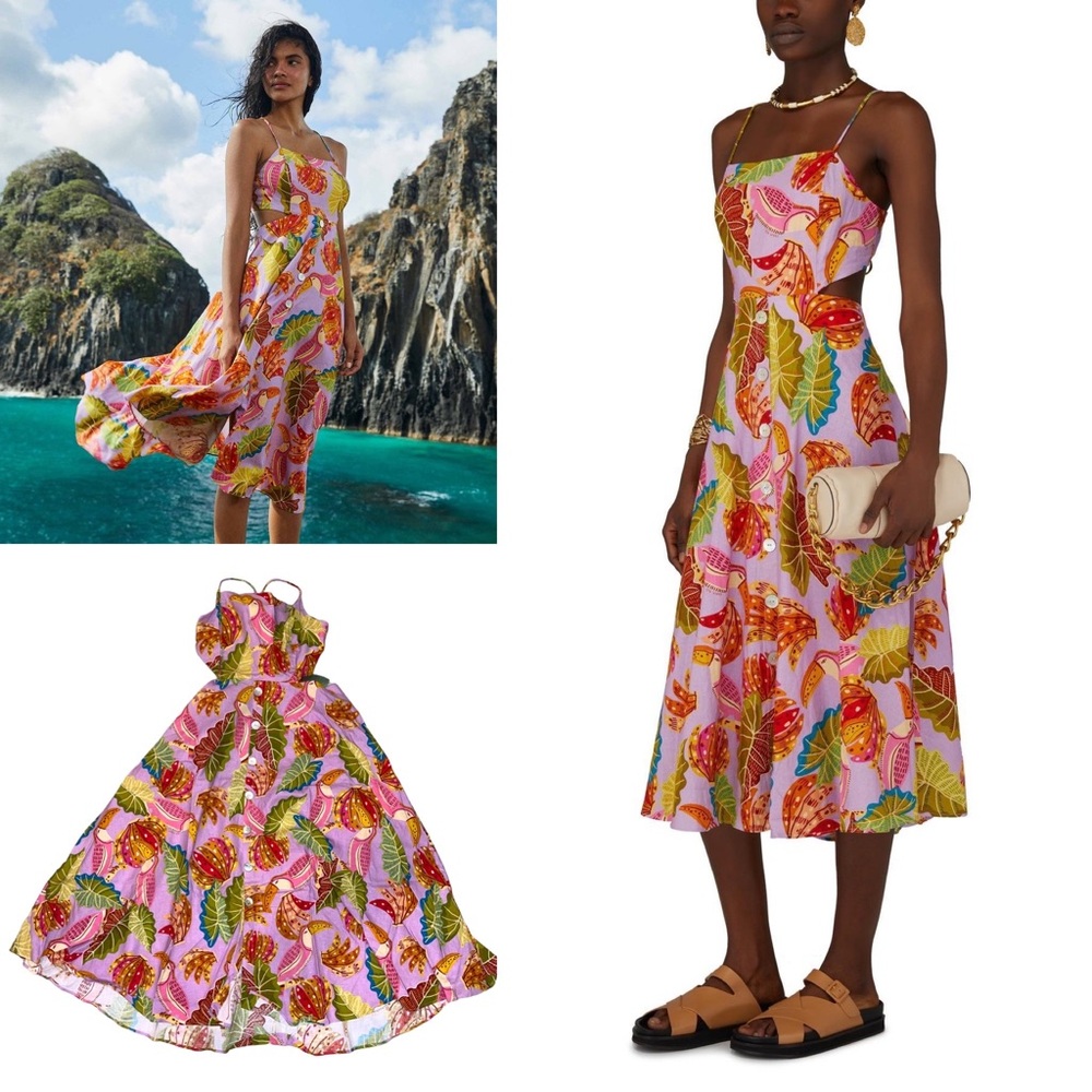 FARM Rio Pink Tropical Leaf Print Midi Dress